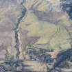 Oblique aerial view of the field system and rig and furrow to the SW of Spittal of Glenshee, looking SSW.