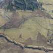 Oblique aerial view of the field system and rig and furrow to the SW of Spittal of Glenshee, looking NW.