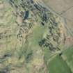 Oblique aerial view of the farmstead, head dyke and rig at Ceanghline in Glen Brerachan, looking SE.