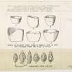 Illustrations of Steatite vessels and arrowheads found in Muckle Heog cairn, Unst. Copied by RCAHMS from Memoirs of Anth Soc London, Vol.1 (1863-4),  297, and Vol.2 (1865-6) 340-2