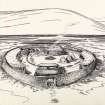 Draft reconstruction drawing of Clickhimin Iron Age Fort.