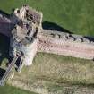 Oblique aerial view of the Mid Tower and East Tower at Tantallon Castle, looking NE.