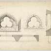 Drawing of windows at south side of nave in Beauly Priory showing plan, elevations and section.