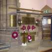 South Aisle. View of war memorial from North West.