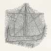 Publication drawing; graffito of ship, initials and a date of 1729, Creagan.