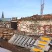 View of exposed brickwork to west approach to bridge on north side of bridge over canal at Viewforh, Edinburgh, from south-west