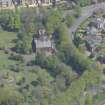 Oblique aerial view of Pollokshields Burgh Hall and Hamilton Fountain, looking NE.