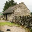 View of restored 18th century bothy with thatched roof; Nether Tullicro, Dull.