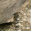 Detail of corner thatching and ridge on 18th century bothy; Nether Tullicro, Dull.