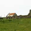 View of ruined and roofless formerly thatched croft cottage with outbuilding; 27, Big Sand.