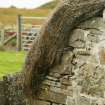 Detail of netting nailed along the gable; thatched pig house within 19th century croft buildings; West Side Dunnet.