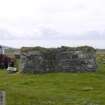 Side view of roofless ruin, formerly cottage with 'muran thatch roof'; Daliburgh, South Uist.