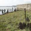 Posts with slotted heads (of iron and from an engine?) and remains of timber wharf or quay posts, view from north east