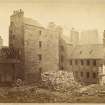 View of back of houses on east side of Horse Wynd, Edinburgh, taken from a window in College Wynd during demolition.
