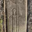 View of medieval recumbent grave slab (with scale).