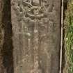 View of medieval recumbent grave slab Kirkmichael 1 (with scale).