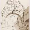 Drawing showing interior view of St Olaf's Church, Kirk of Ness, Yell, looking east through chancel arch.