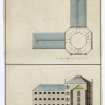 Folio 1. 7. Calton Jail, Bridewell. Plan of half of the roof and upper floor and elevation of one side of the Courts and centre building.
Signed: 'John Baxter'