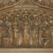 Chancel. Detail of carved panel on organ console.