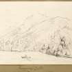 Sketch showing Invergarry Castle with loch and mountains.