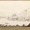 Sketch showing distant view of Dunollie Castle.
