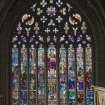 Choir, stained glass window on east wall, view from balcony to west