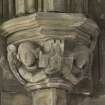 Sacrisy, detail of corbel with figures holding abbey