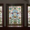 Second floor. Main stair. Detail of stained glass windows.