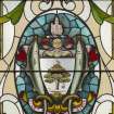 Third floor. Main stair. Detail of stained glass window showing glasgow crest.