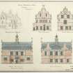 Watercolour and pen elevations of a design for the Inglis Memorial Hall, Edzell, (1896) by William Bonner Hopkins.
