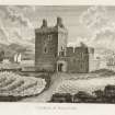 Engraving showing view of Rosyth Castle with sailing ships in the background.