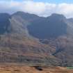 General view of the Cuillin showing the lazy beds behind Glebrittle House