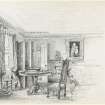 Pencil sketch of drawing room, Bannockburn House.