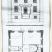 Mechanical copy of drawing showing ground floor plan and entrance elevation.