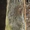 View of Strathmiglo Pictish symbol stone (including scale)