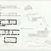 Inked drawing; site plan, detailed plans, sections and elevation