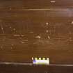 Loft. Detail of ship graffiti on back pew. (with scale)