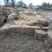 N facing shot of terminal end of medieval wall (rubble core visible)