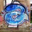 Example of graffiti on the walls (internal and external) of pump house standing on N side of graving dock no. 1.