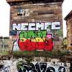Example of graffiti on the walls (internal and external) of pump house standing on N side of graving dock no. 1.