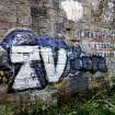 Example of graffiti on the walls (internal and external) of pump house standing on N side of graving dock no. 1.