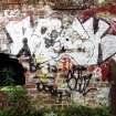 Example of graffiti on the walls (internal and external) of pump house standing on N side of graving dock no. 1.
