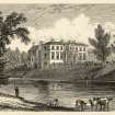 Engraving of Kings Meadows House from N bank of Tweed, showing front & side elevations.