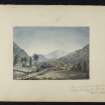 Watercolour, possibly by Clarke, inscribed 'From window of new Trossachs Inn looking towards Finlass August 1856 A C'.