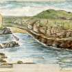Scanned image of watercolour by John Nicolson depicting Elsay Broch and surroundings. 