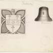 Drawings of armorial panel and bell from St Magnus Cathedral, Kirkwall, Orkney.