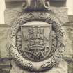 View of carved badge on West wall of gallery exterior, Scottish National War Memorial, Edinburgh Castle, Edinburgh.
