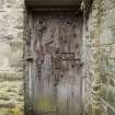 Detail of workroom door with retrieved garden implements at The Steading, Nether Blainslie. 
