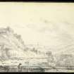 Drawing of artist sketching a countryside scene inscribed 'on the Dee from Invercauld Bridge Sept 1837'.