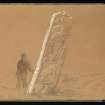 Drawing of man next to stone inscribed 'The Maiden Stone, Chapel Garioch'.